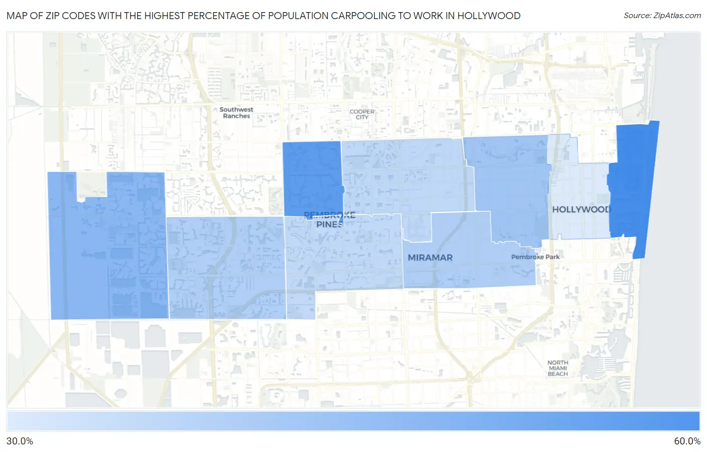 Zip Codes with the Highest Percentage of Population Carpooling to Work in Hollywood Map