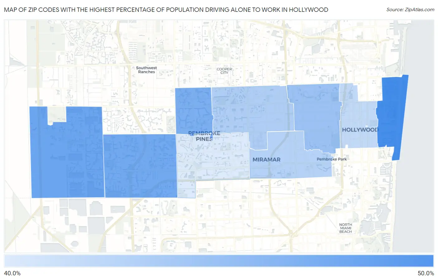 Zip Codes with the Highest Percentage of Population Driving Alone to Work in Hollywood Map