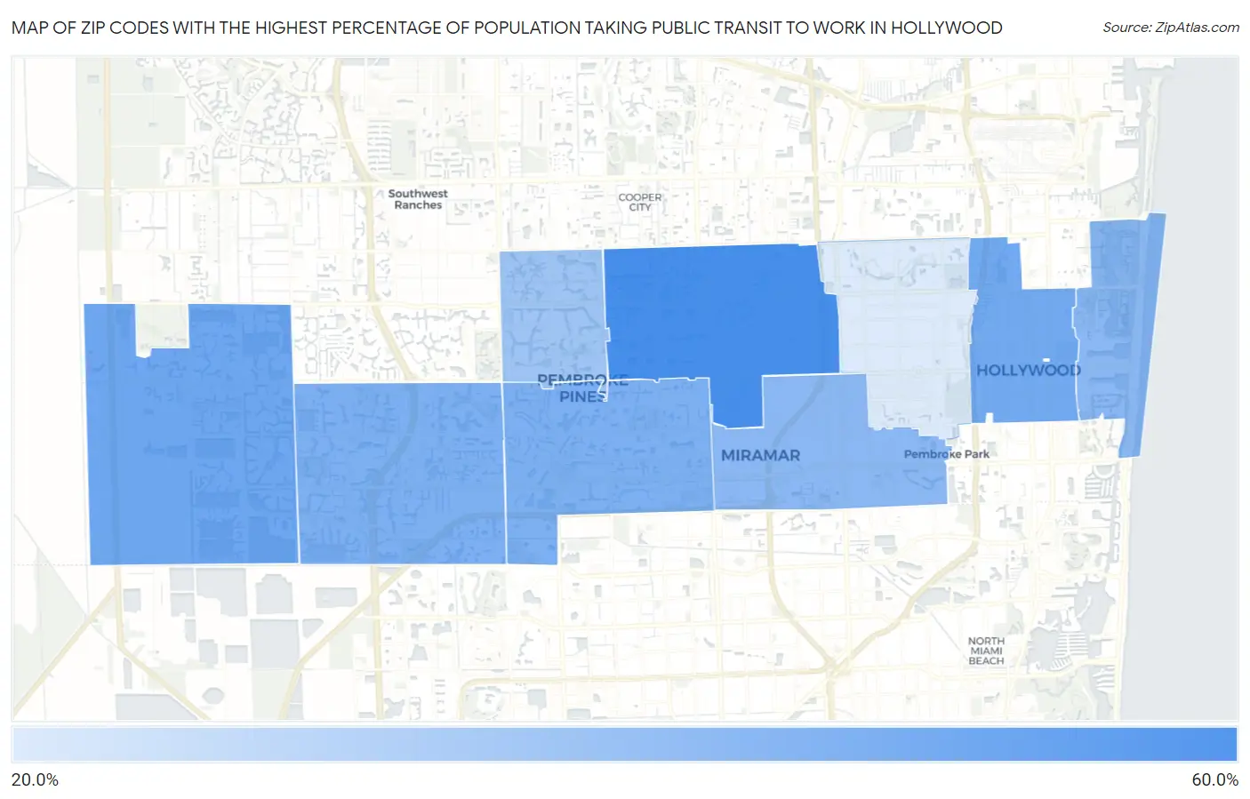 Zip Codes with the Highest Percentage of Population Taking Public Transit to Work in Hollywood Map