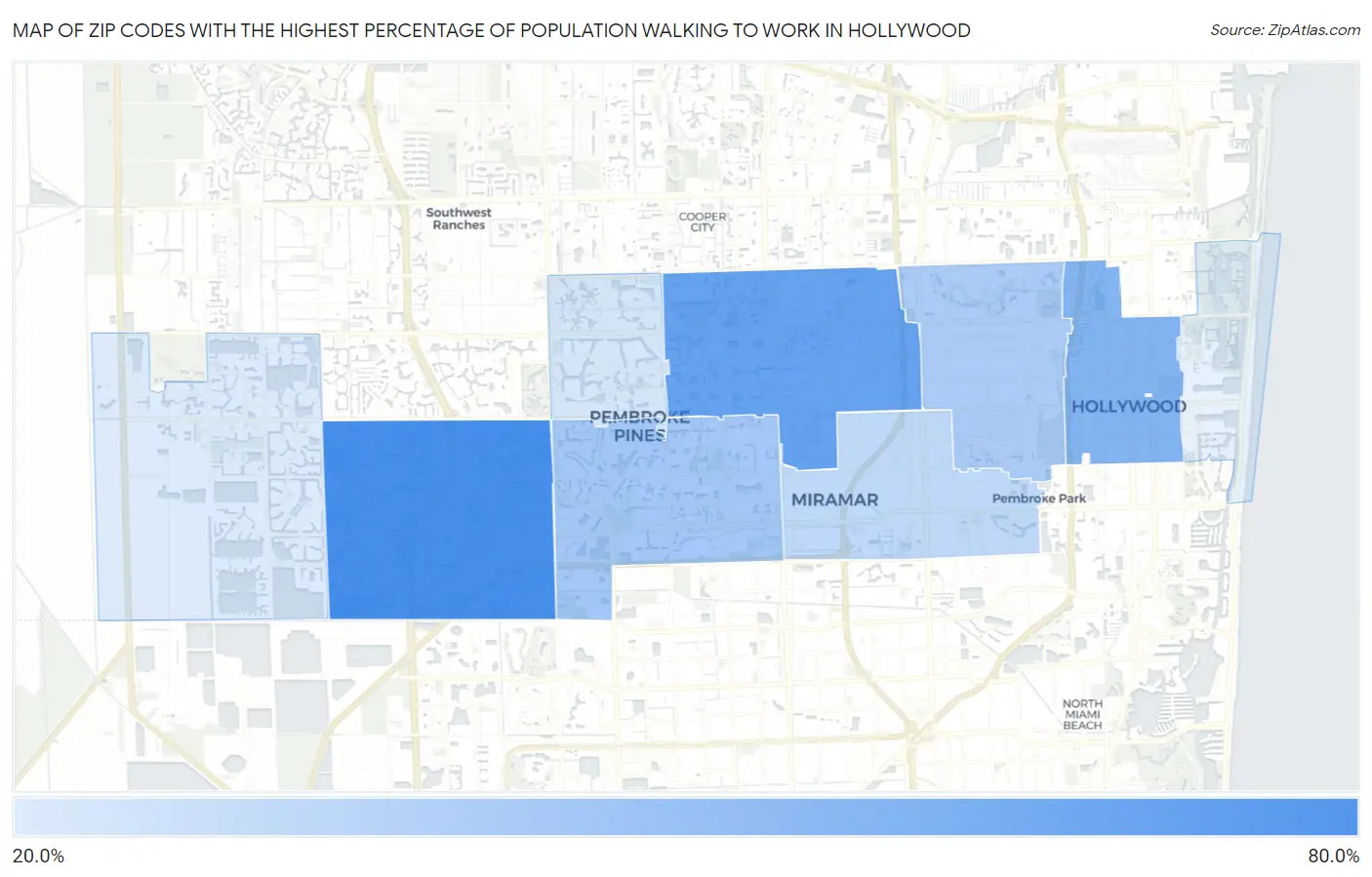 Zip Codes with the Highest Percentage of Population Walking to Work in Hollywood Map