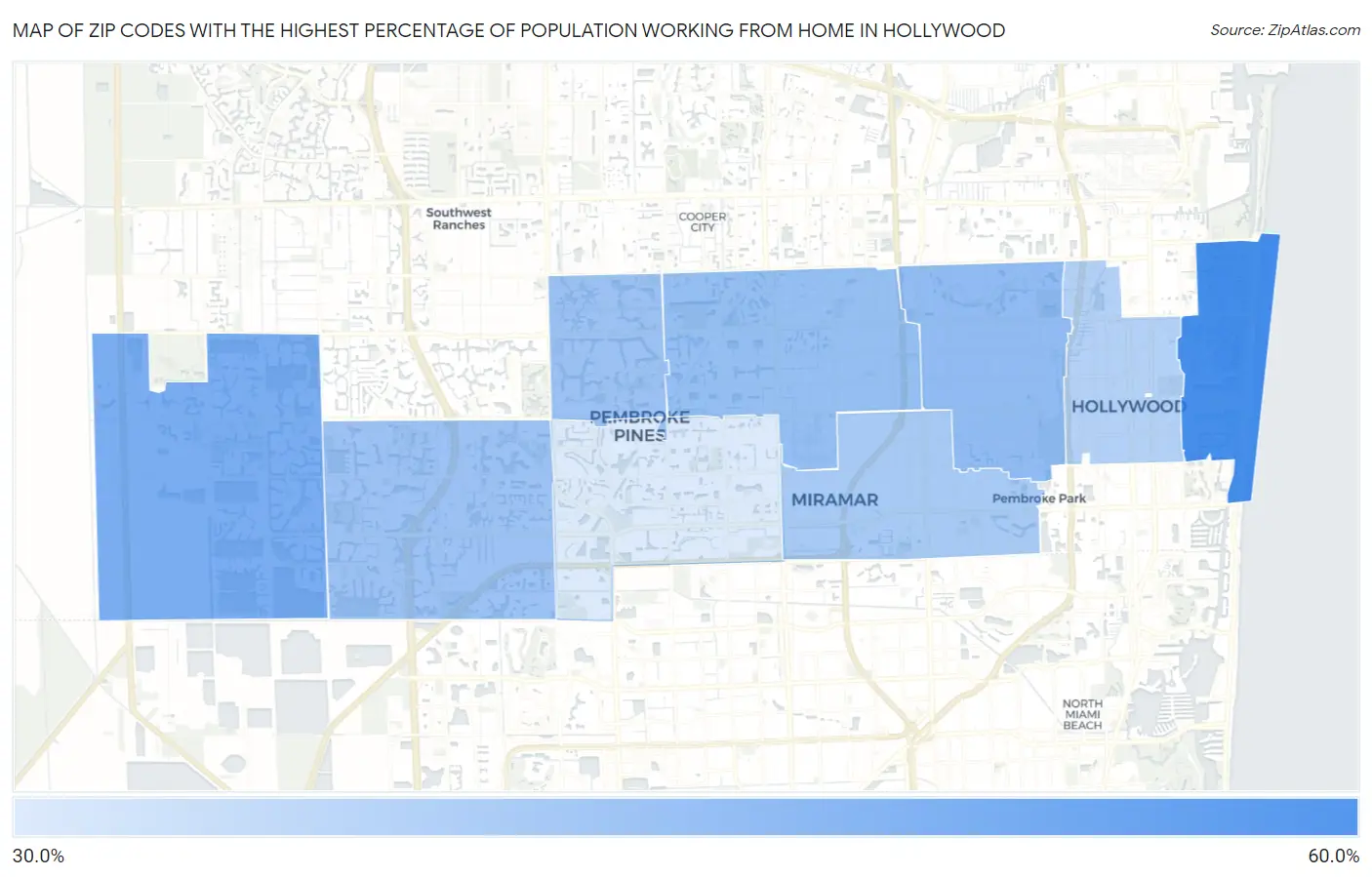 Zip Codes with the Highest Percentage of Population Working from Home in Hollywood Map