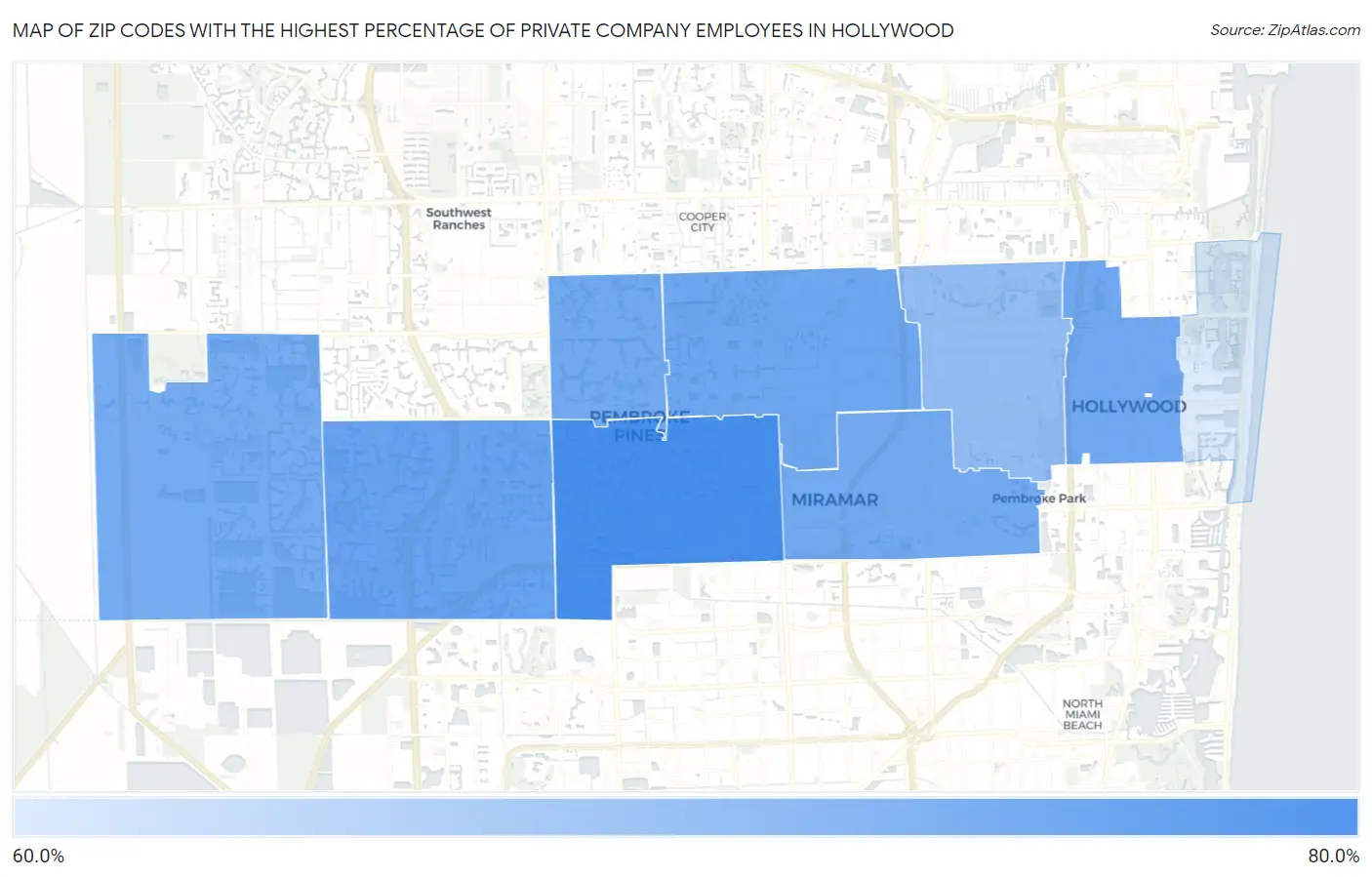 Zip Codes with the Highest Percentage of Private Company Employees in Hollywood Map