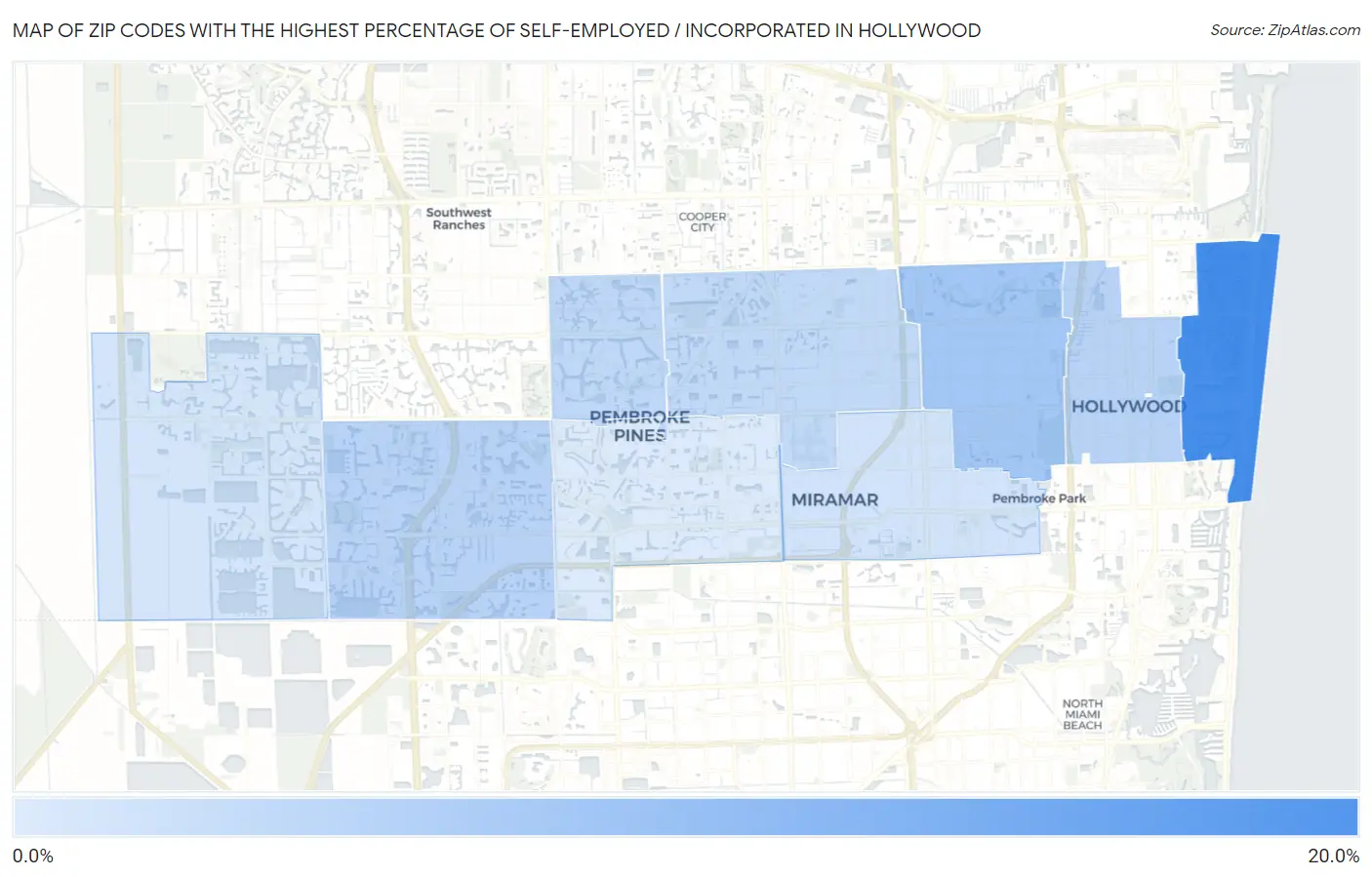Zip Codes with the Highest Percentage of Self-Employed / Incorporated in Hollywood Map