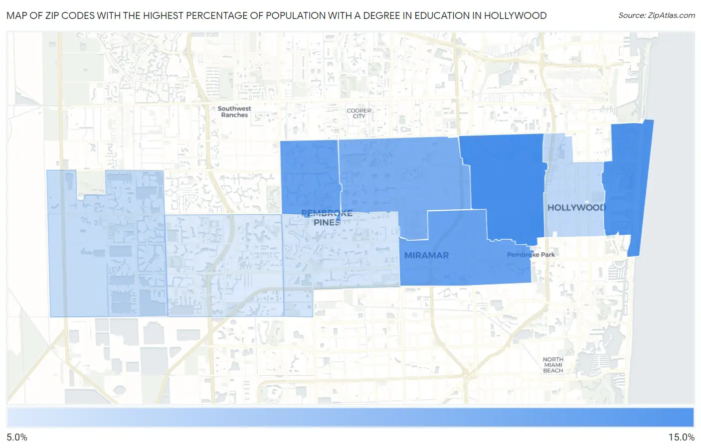 Zip Codes with the Highest Percentage of Population with a Degree in Education in Hollywood Map
