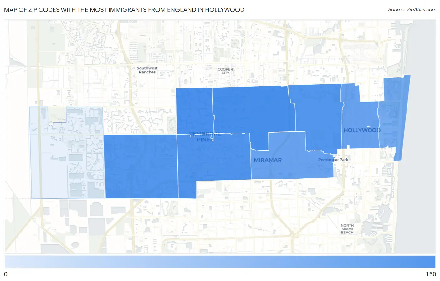 Zip Codes with the Most Immigrants from England in Hollywood Map