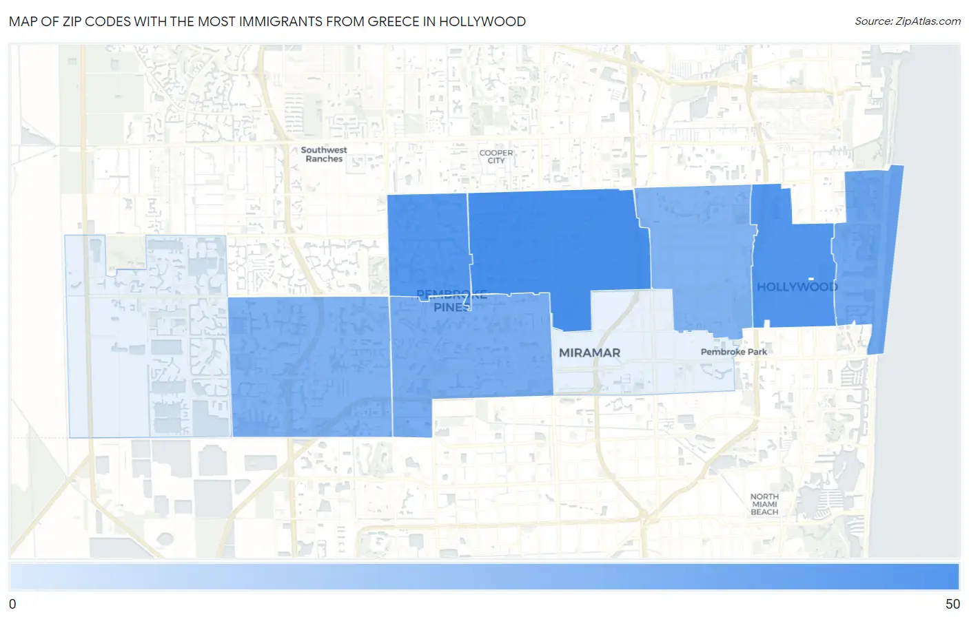 Zip Codes with the Most Immigrants from Greece in Hollywood Map