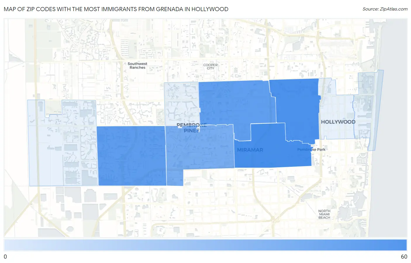 Zip Codes with the Most Immigrants from Grenada in Hollywood Map