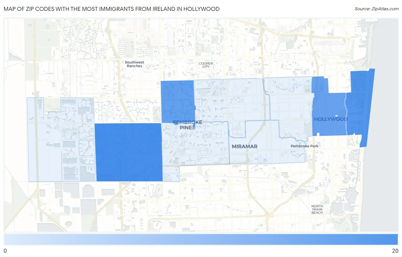 Zip Codes with the Most Immigrants from Ireland in Hollywood Map