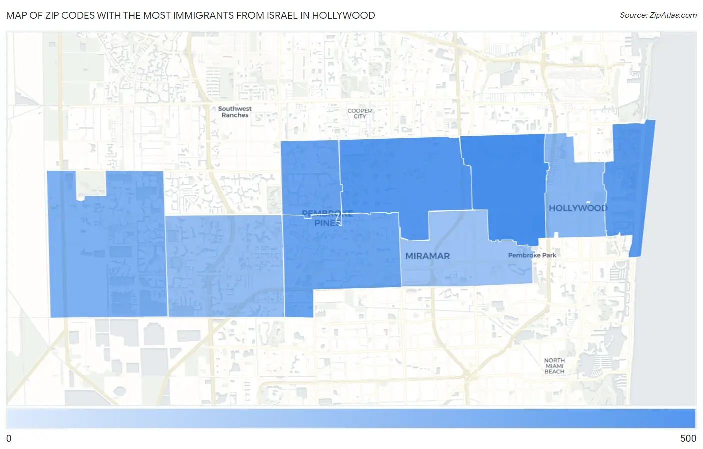 Zip Codes with the Most Immigrants from Israel in Hollywood Map