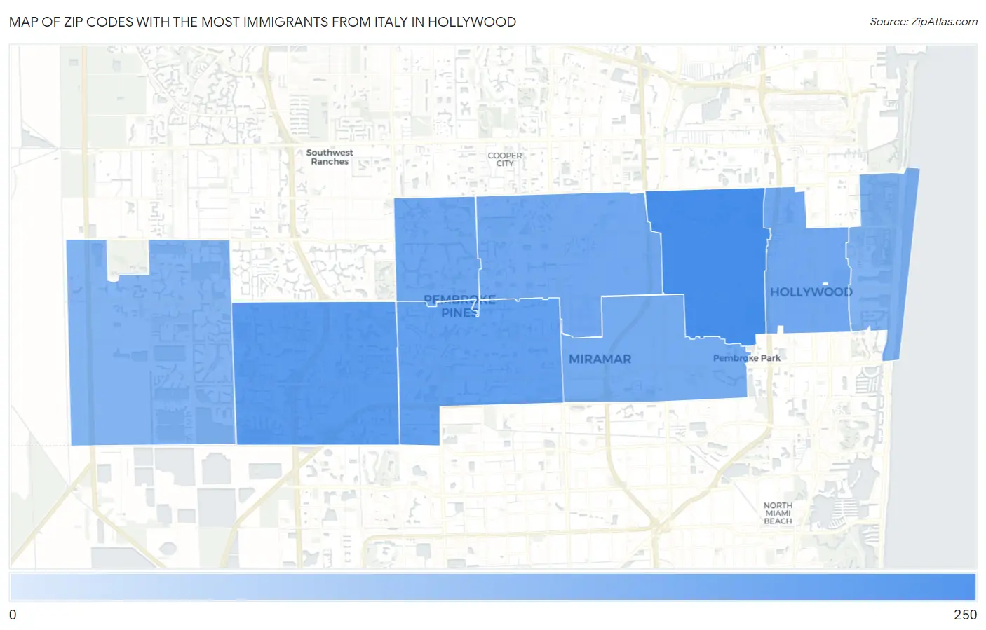Zip Codes with the Most Immigrants from Italy in Hollywood Map