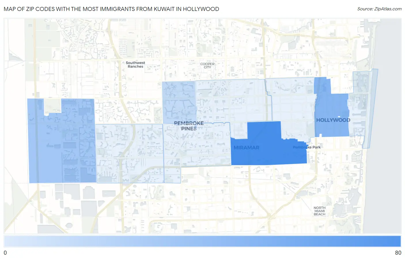 Zip Codes with the Most Immigrants from Kuwait in Hollywood Map