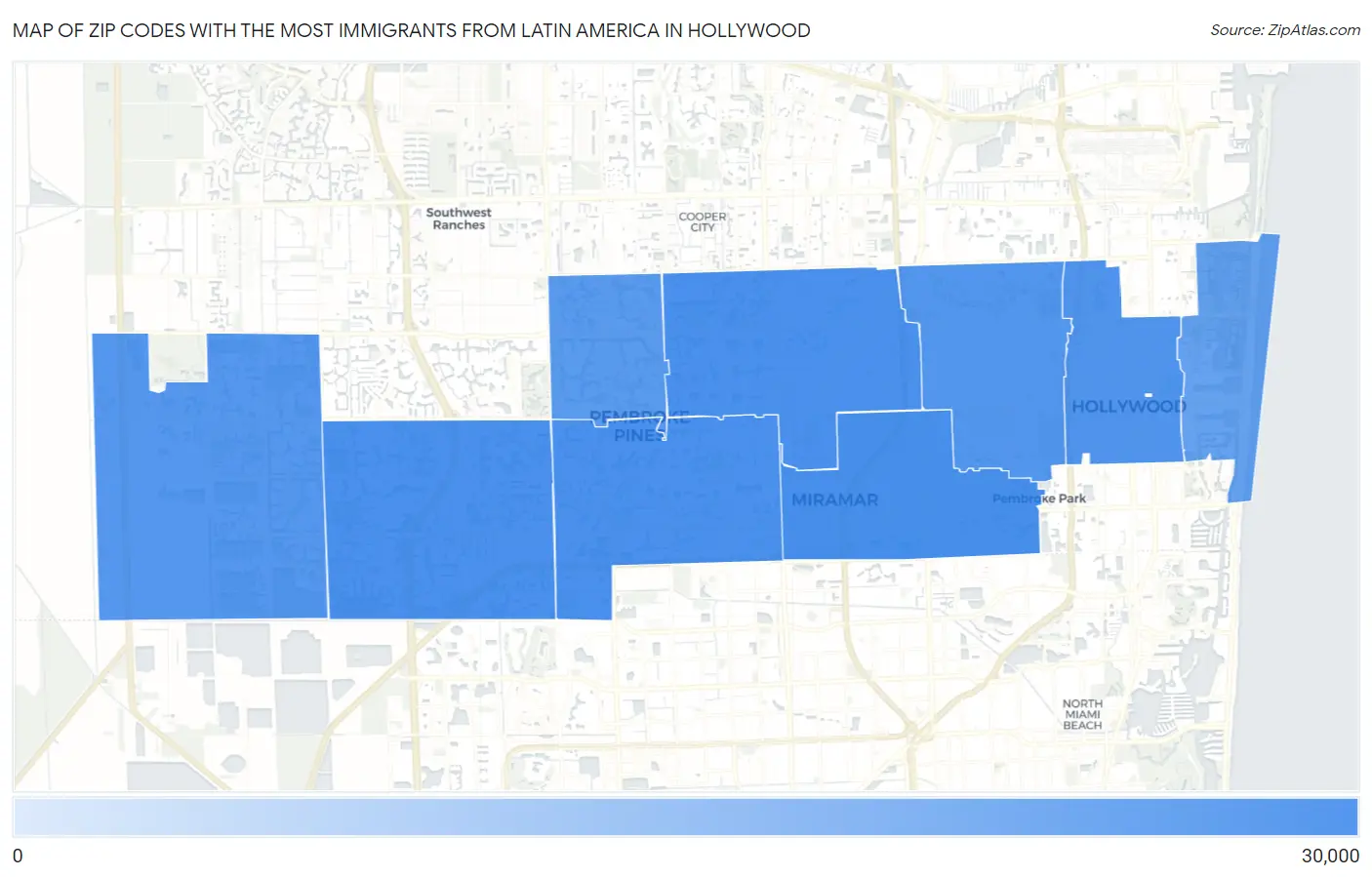 Zip Codes with the Most Immigrants from Latin America in Hollywood Map