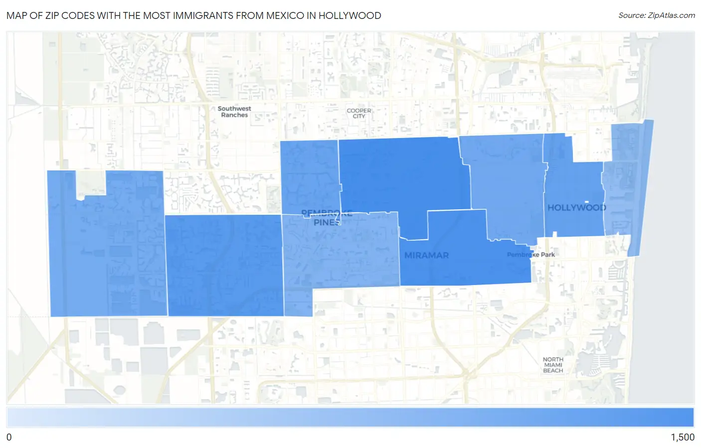 Zip Codes with the Most Immigrants from Mexico in Hollywood Map