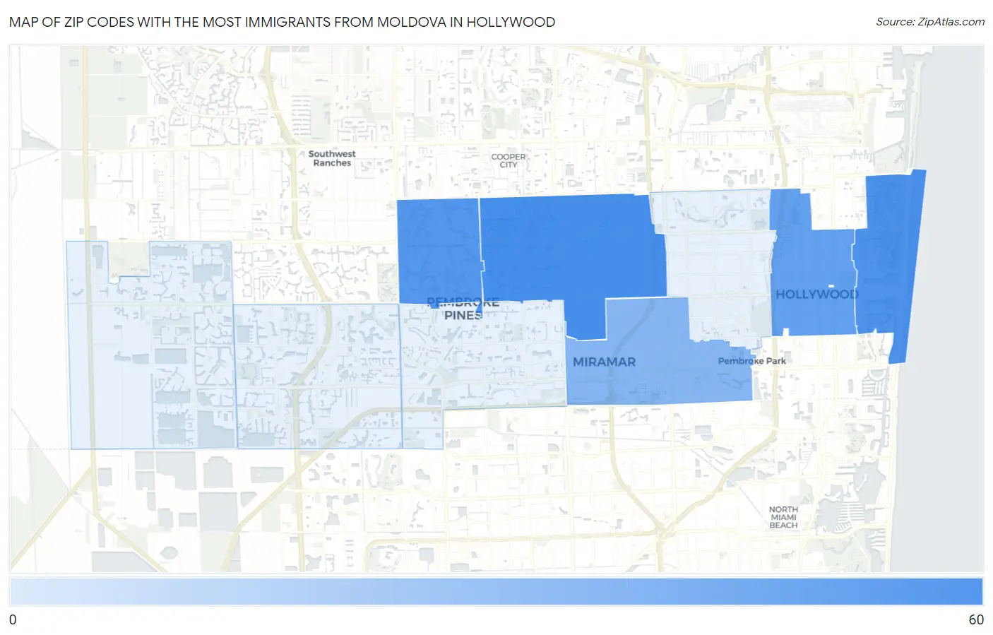 Zip Codes with the Most Immigrants from Moldova in Hollywood Map