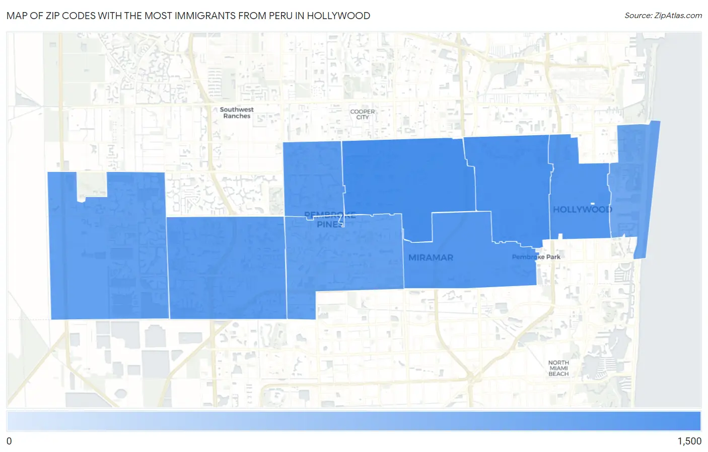 Zip Codes with the Most Immigrants from Peru in Hollywood Map