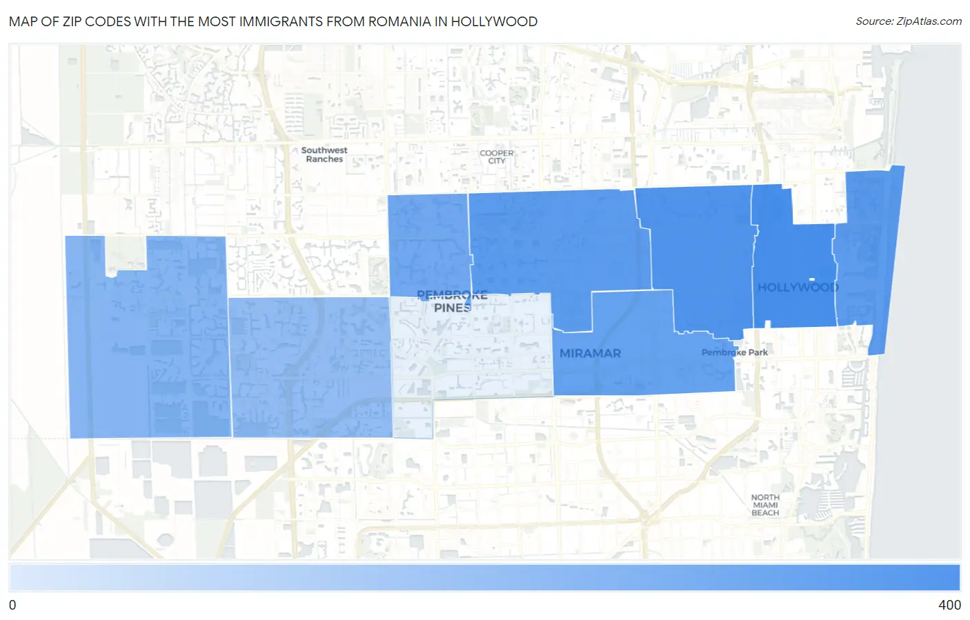 Zip Codes with the Most Immigrants from Romania in Hollywood Map