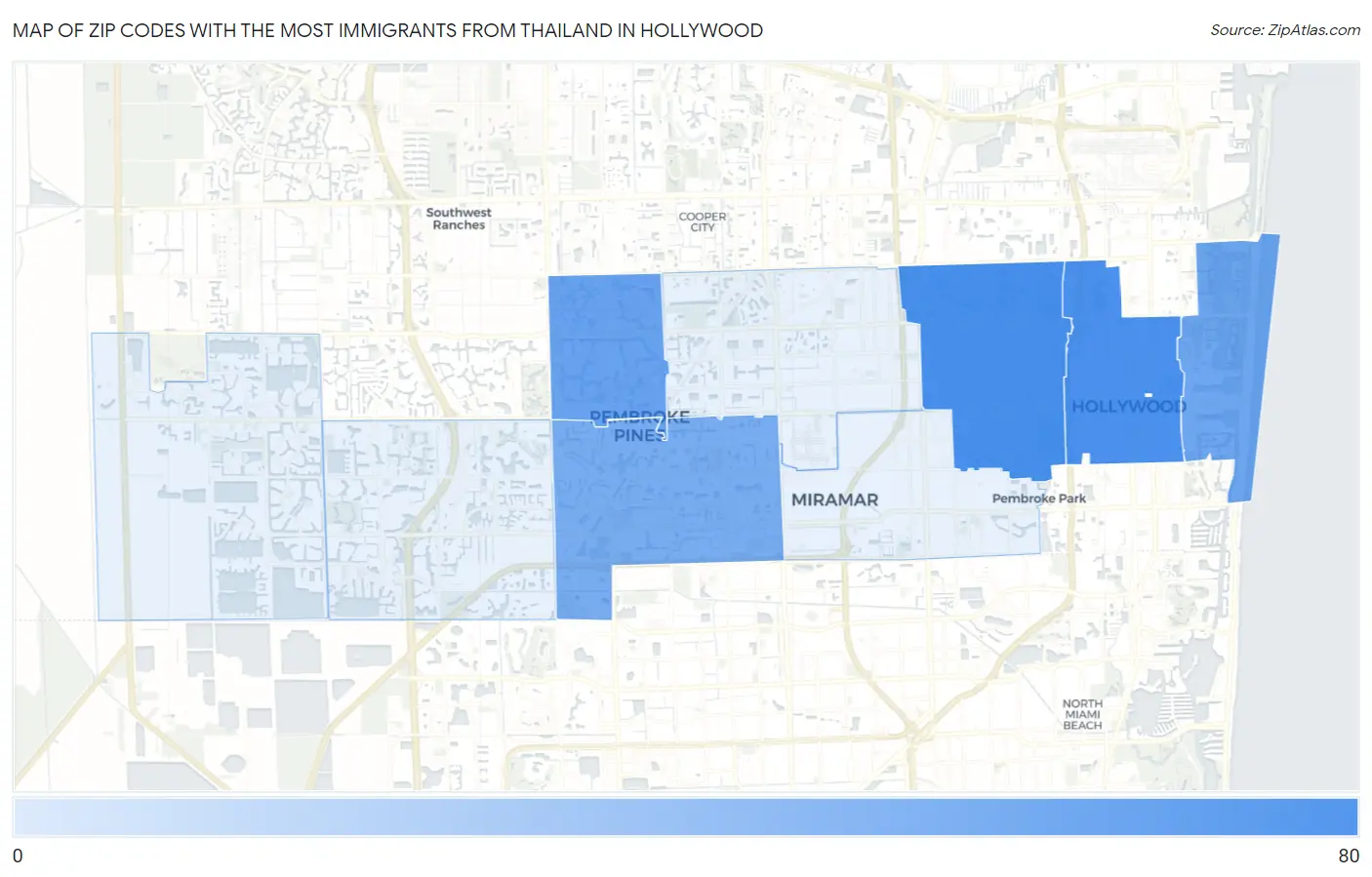 Zip Codes with the Most Immigrants from Thailand in Hollywood Map
