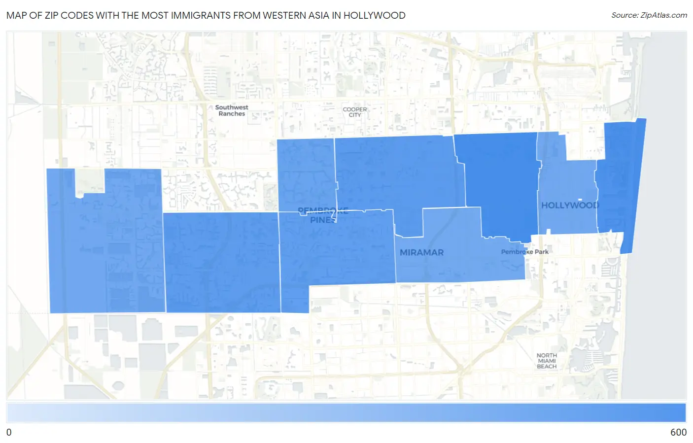 Zip Codes with the Most Immigrants from Western Asia in Hollywood Map