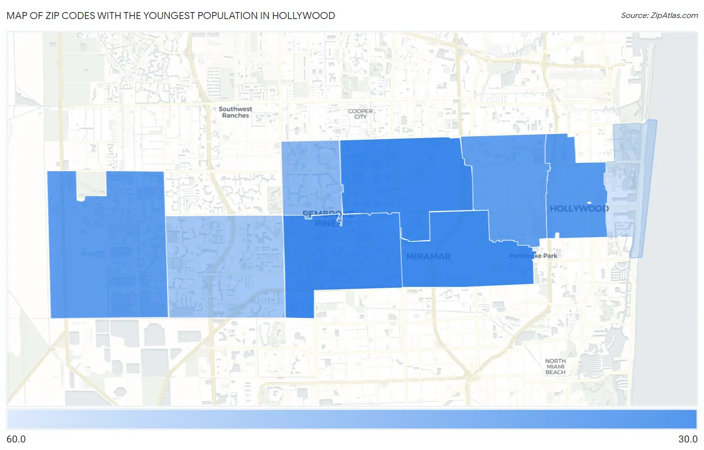 Zip Codes with the Youngest Population in Hollywood Map
