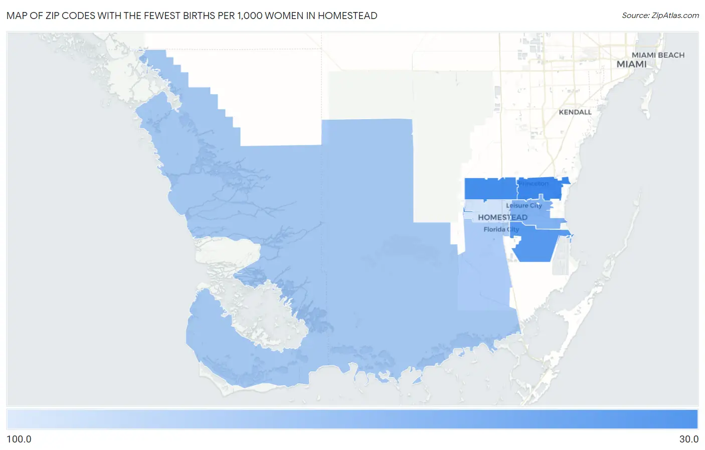 Zip Codes with the Fewest Births per 1,000 Women in Homestead Map