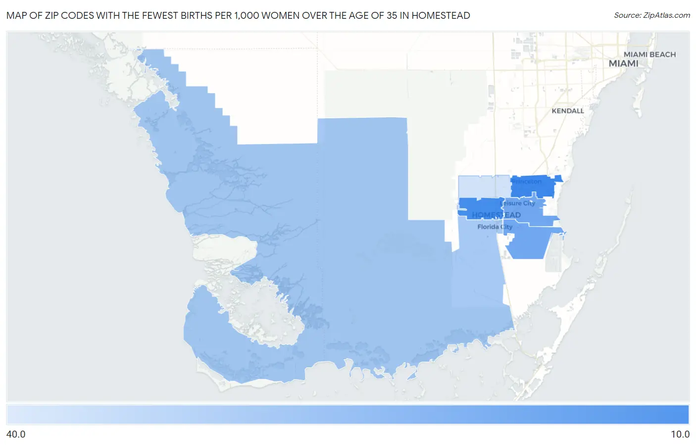 Zip Codes with the Fewest Births per 1,000 Women Over the Age of 35 in Homestead Map