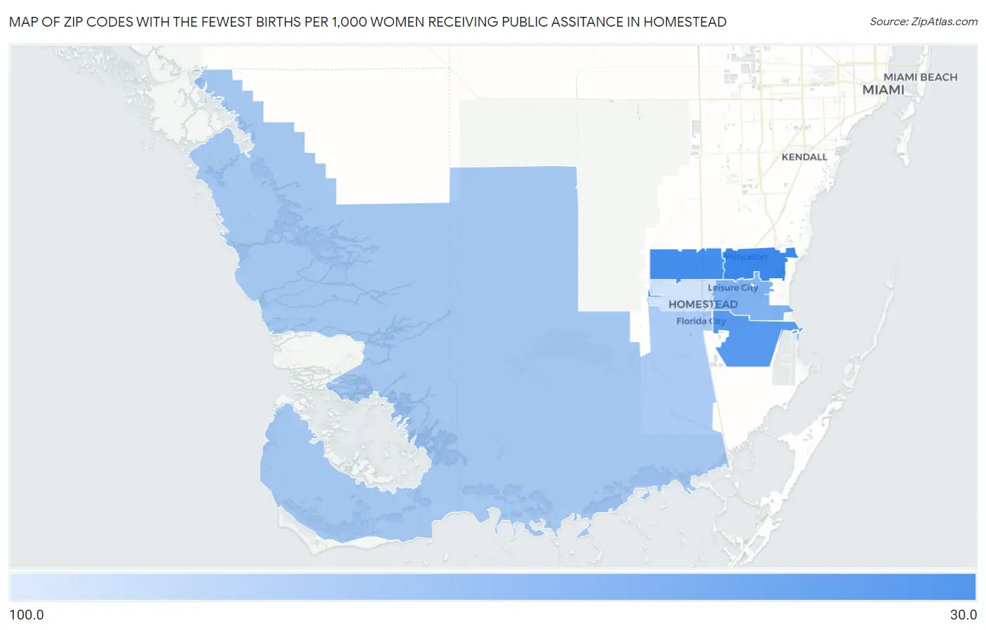 Zip Codes with the Fewest Births per 1,000 Women Receiving Public Assitance in Homestead Map
