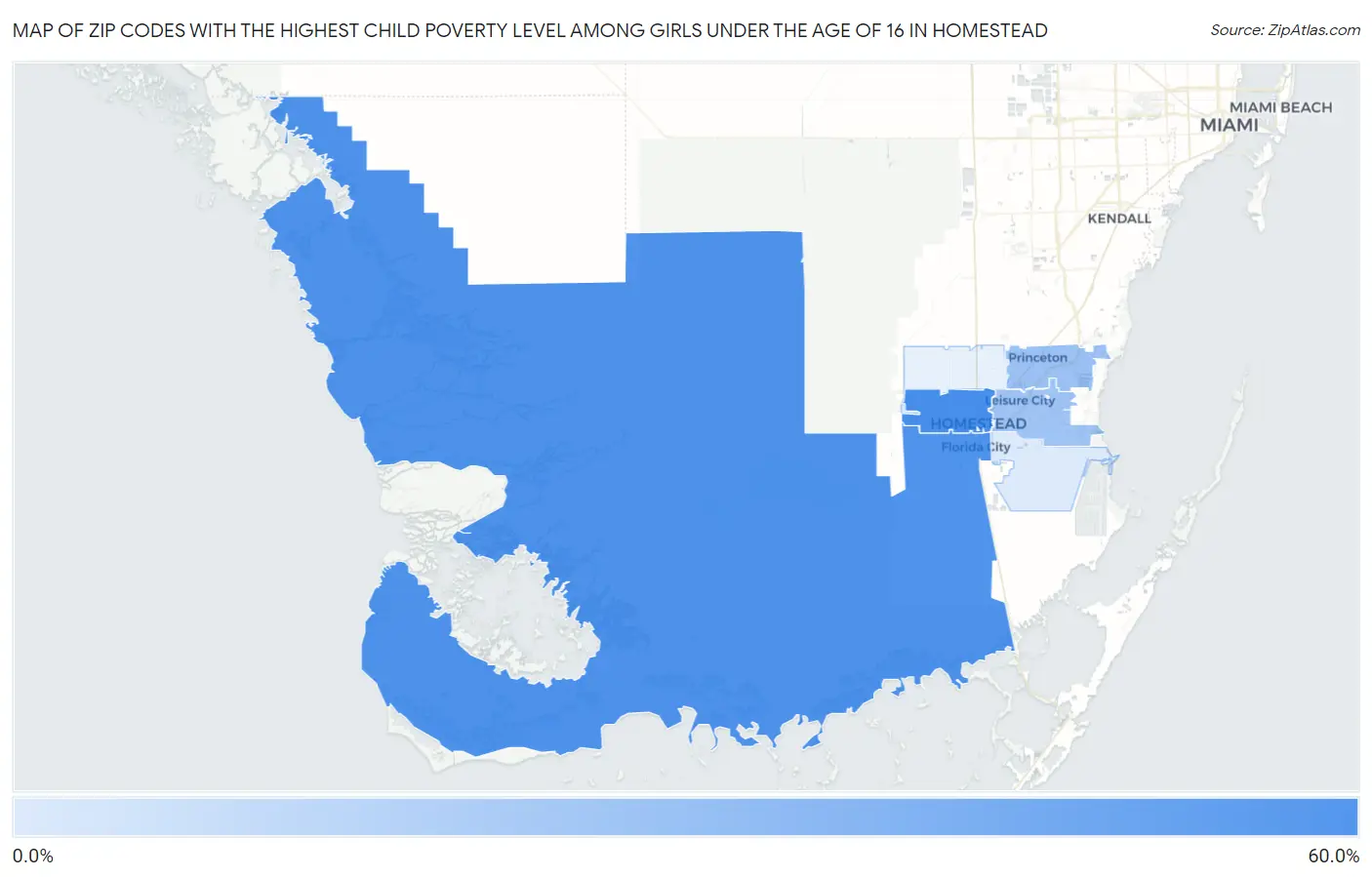 Zip Codes with the Highest Child Poverty Level Among Girls Under the Age of 16 in Homestead Map