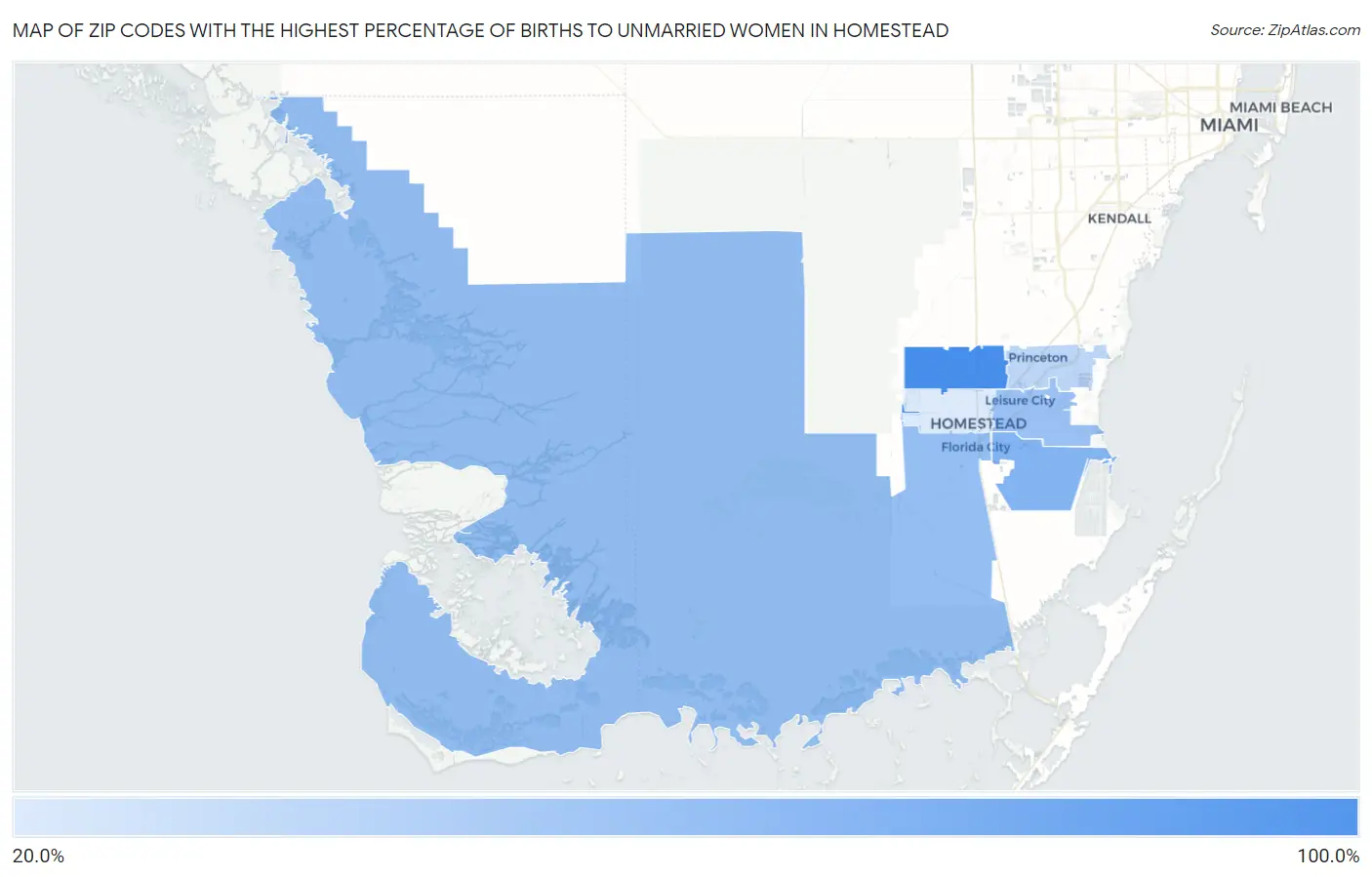 Zip Codes with the Highest Percentage of Births to Unmarried Women in Homestead Map
