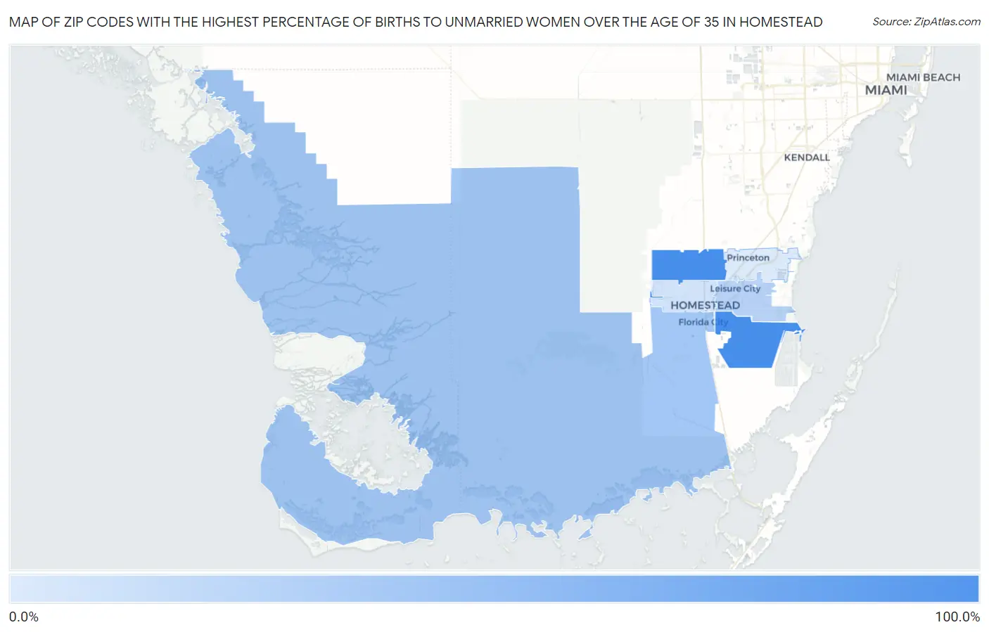 Zip Codes with the Highest Percentage of Births to Unmarried Women over the Age of 35 in Homestead Map