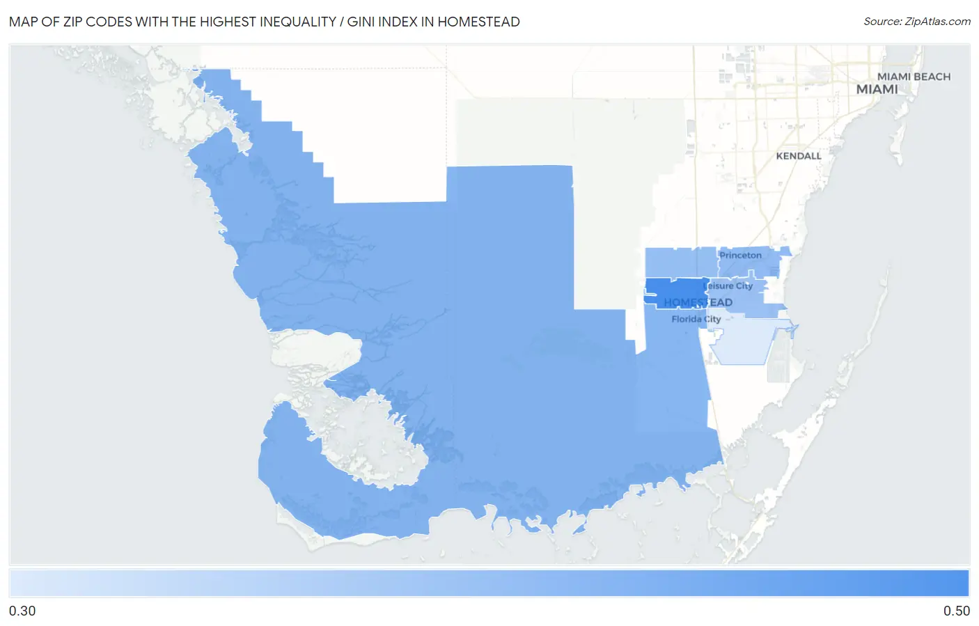 Zip Codes with the Highest Inequality / Gini Index in Homestead Map