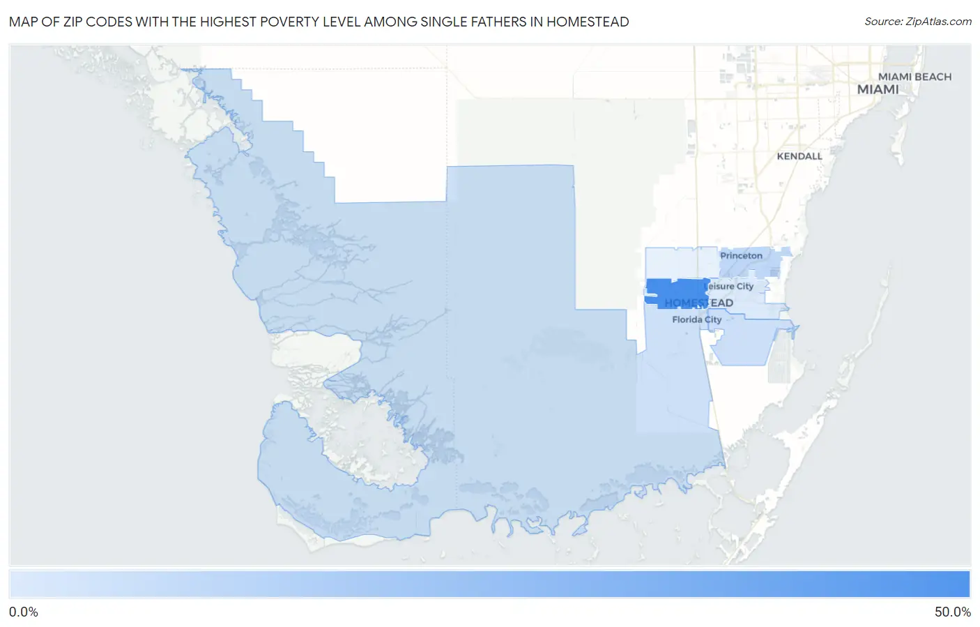 Zip Codes with the Highest Poverty Level Among Single Fathers in Homestead Map