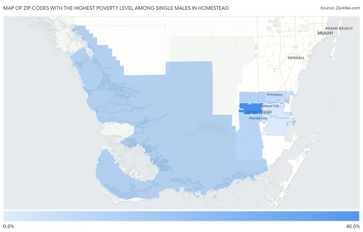 Zip Codes with the Highest Poverty Level Among Single Males in Homestead Map