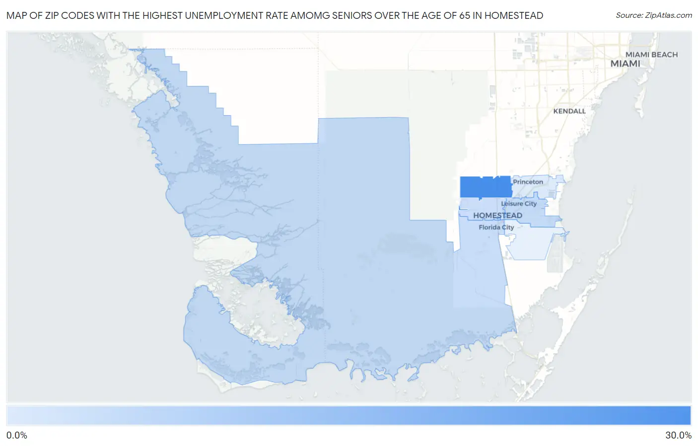 Zip Codes with the Highest Unemployment Rate Amomg Seniors Over the Age of 65 in Homestead Map