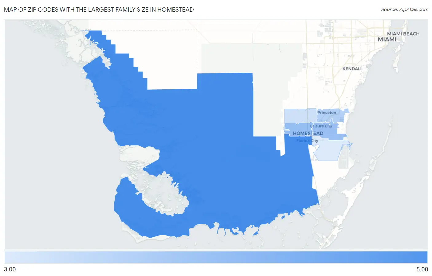 Zip Codes with the Largest Family Size in Homestead Map
