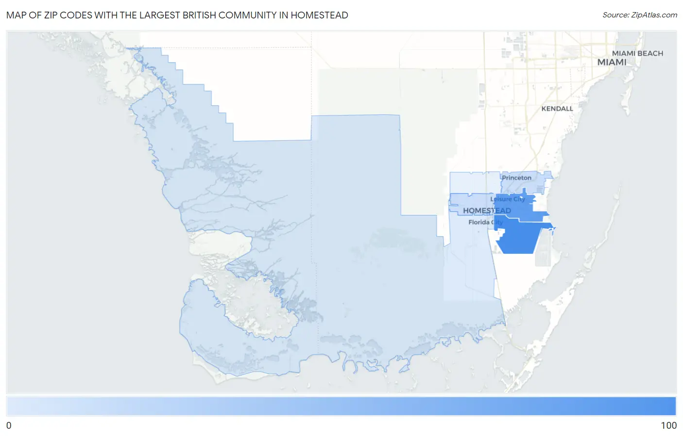 Zip Codes with the Largest British Community in Homestead Map