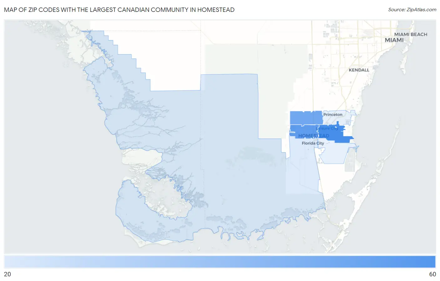 Zip Codes with the Largest Canadian Community in Homestead Map