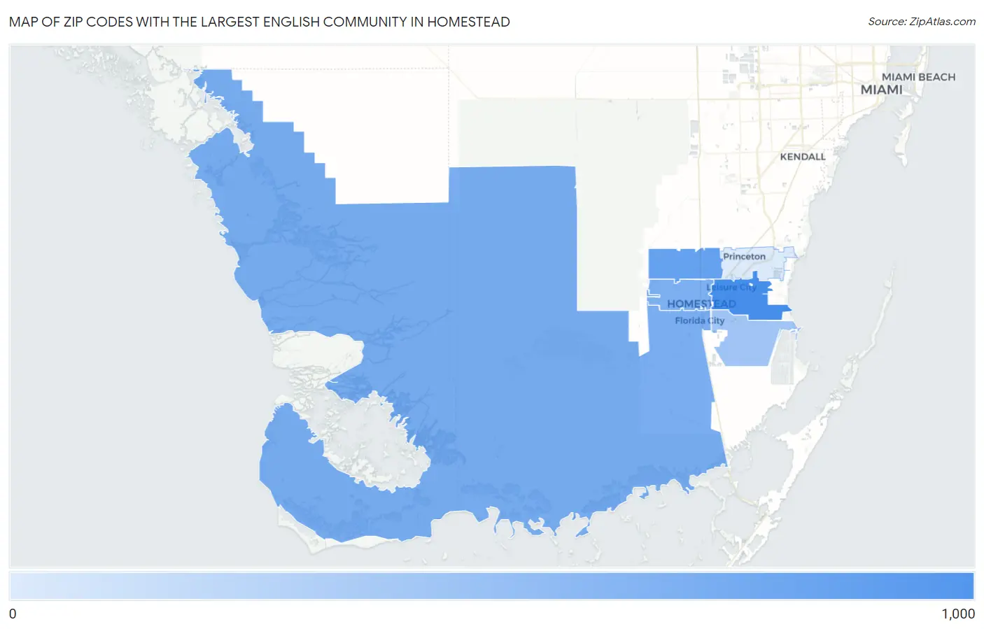 Zip Codes with the Largest English Community in Homestead Map