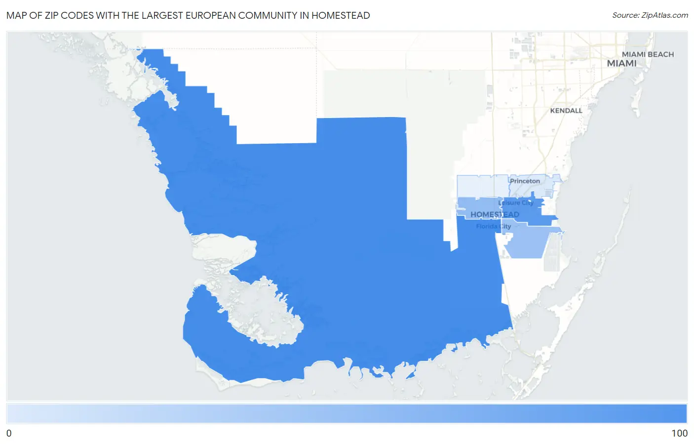 Zip Codes with the Largest European Community in Homestead Map