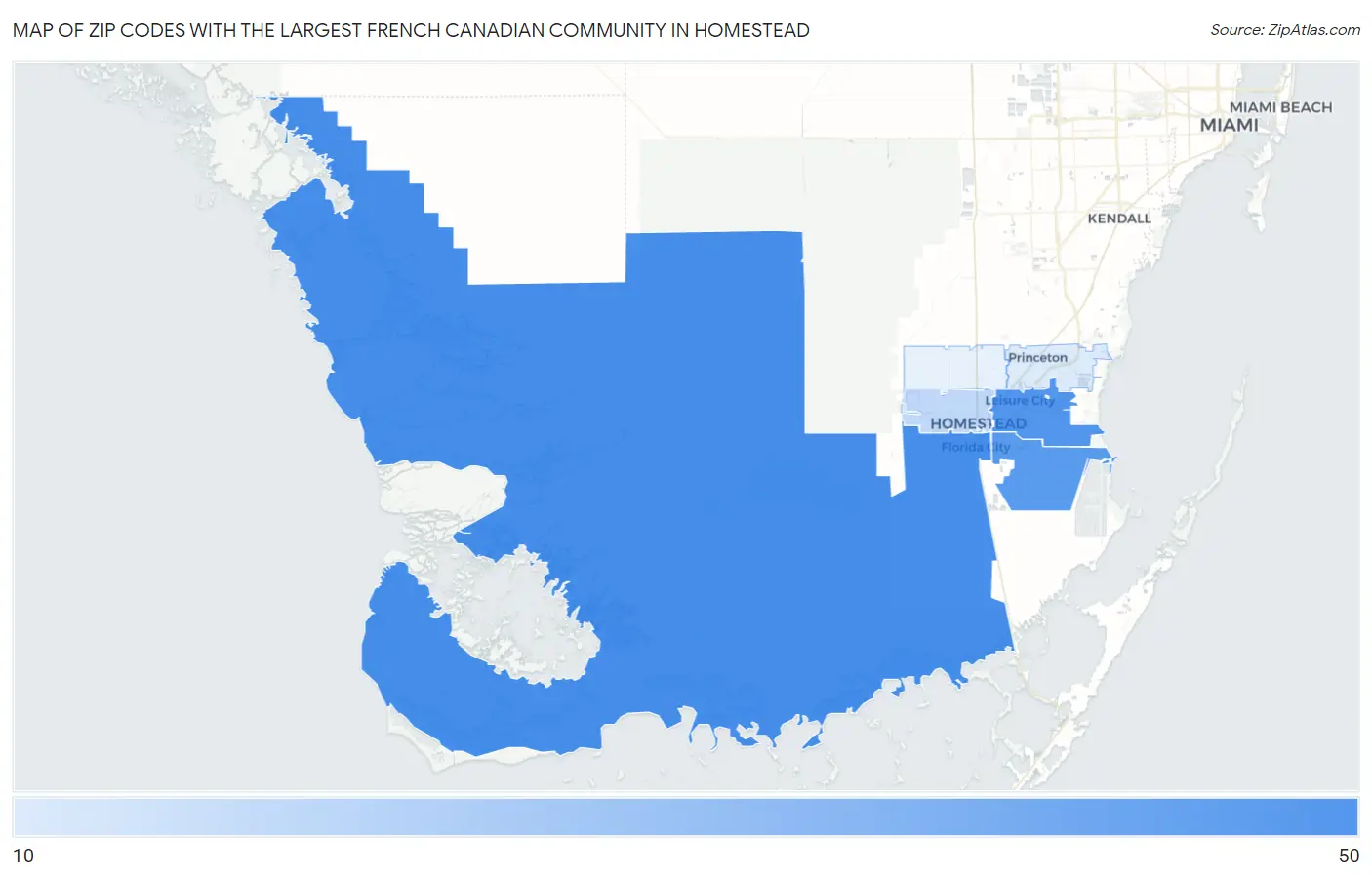 Zip Codes with the Largest French Canadian Community in Homestead Map