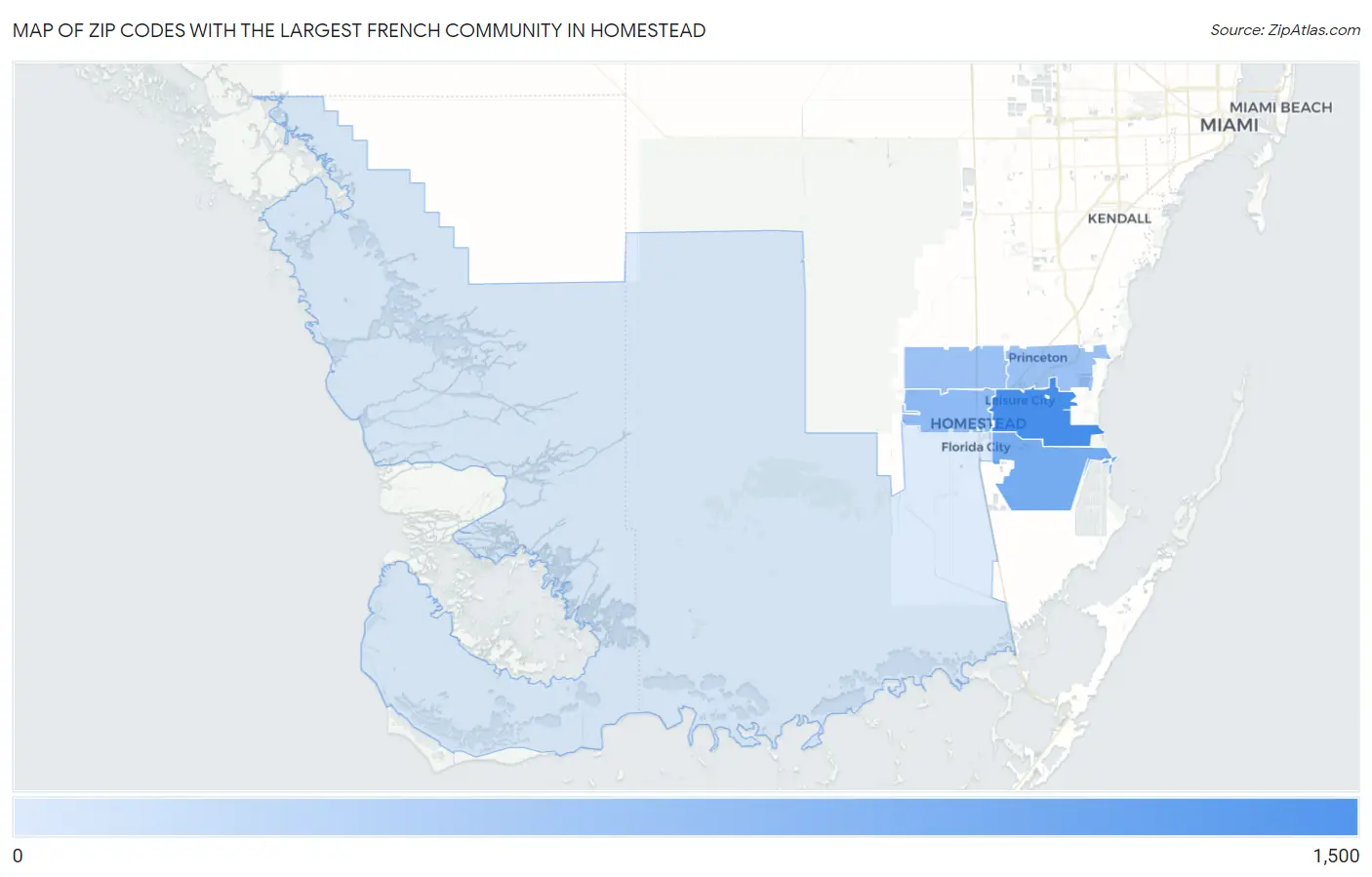 Zip Codes with the Largest French Community in Homestead Map