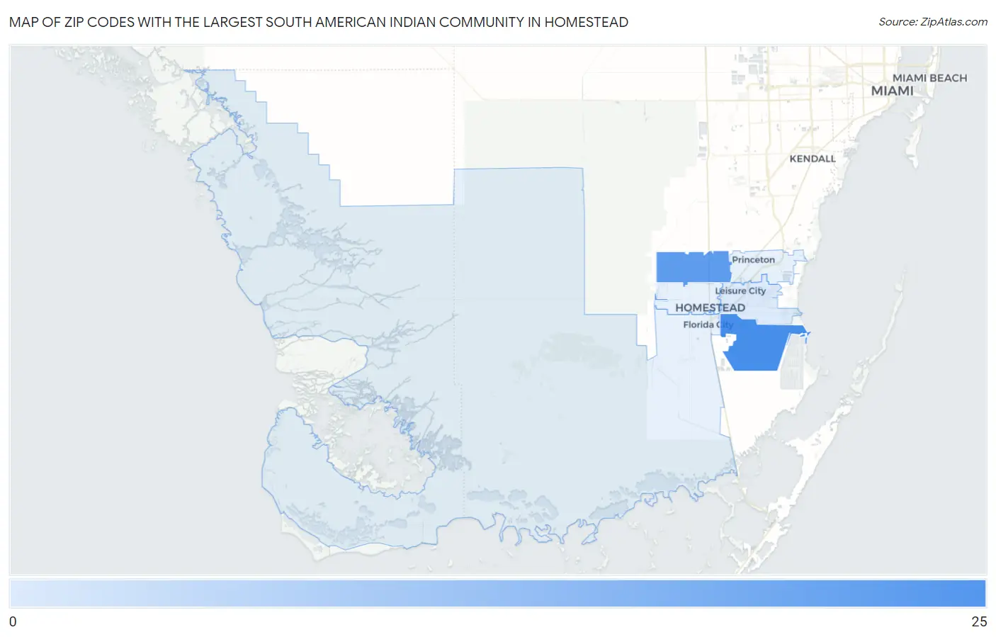 Zip Codes with the Largest South American Indian Community in Homestead Map