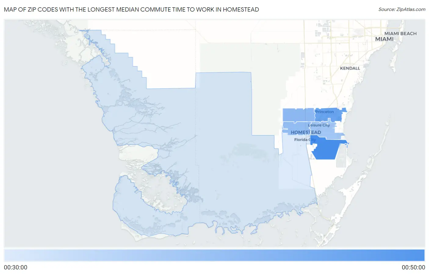 Zip Codes with the Longest Median Commute Time to Work in Homestead Map