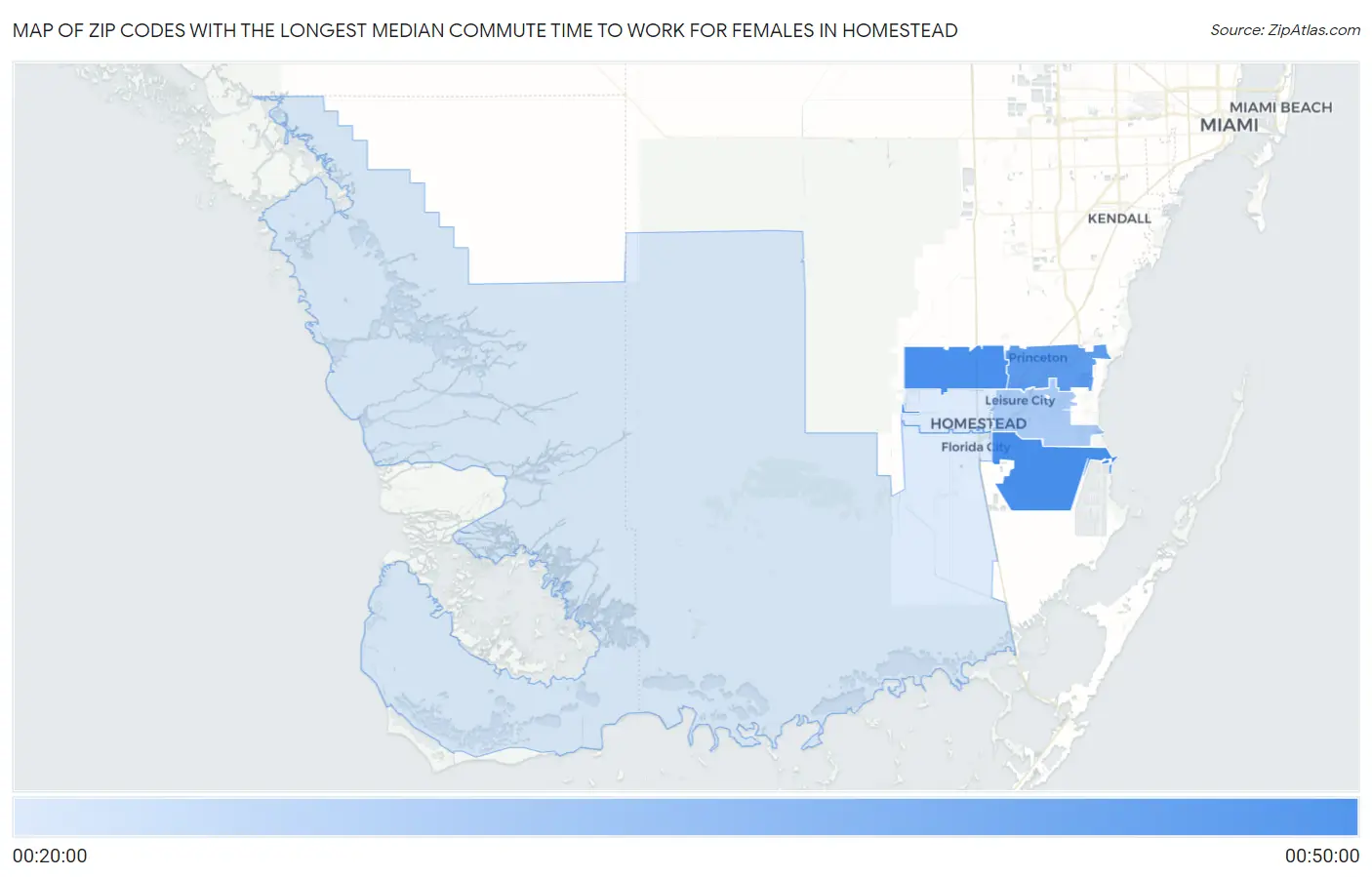 Zip Codes with the Longest Median Commute Time to Work for Females in Homestead Map