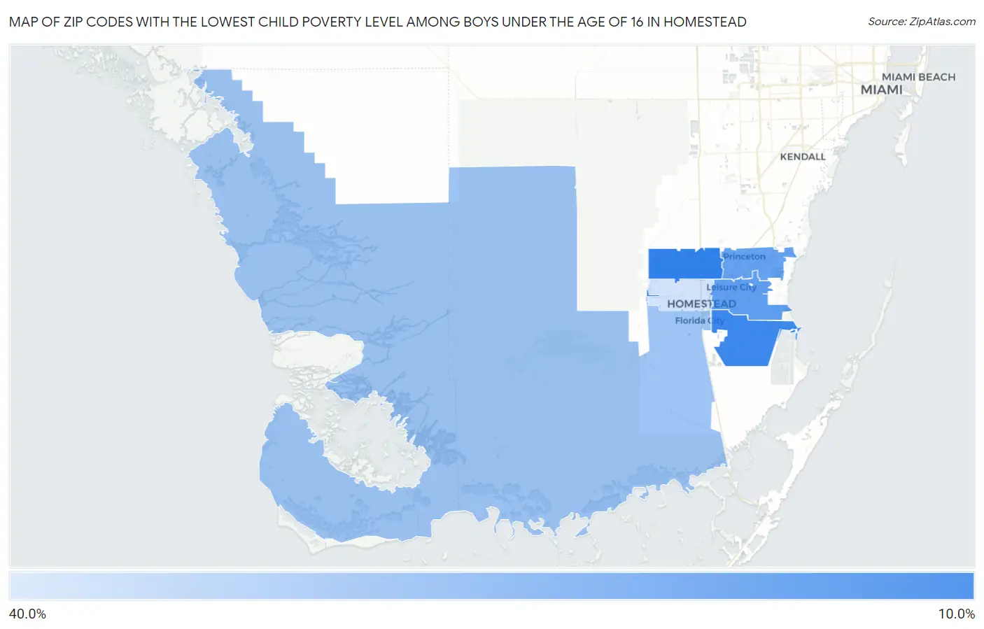 Zip Codes with the Lowest Child Poverty Level Among Boys Under the Age of 16 in Homestead Map