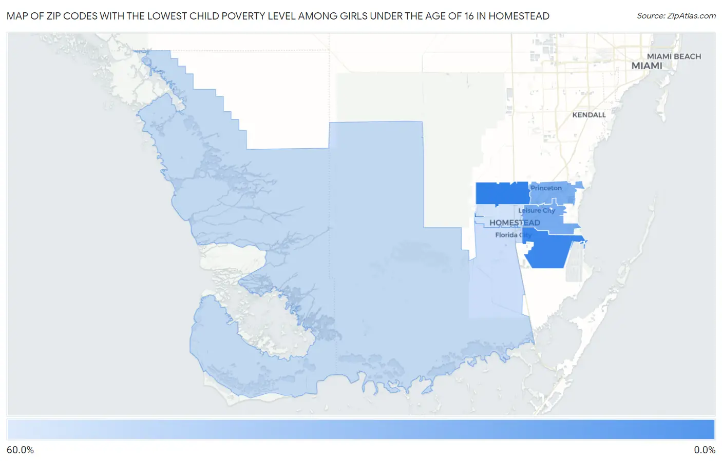 Zip Codes with the Lowest Child Poverty Level Among Girls Under the Age of 16 in Homestead Map