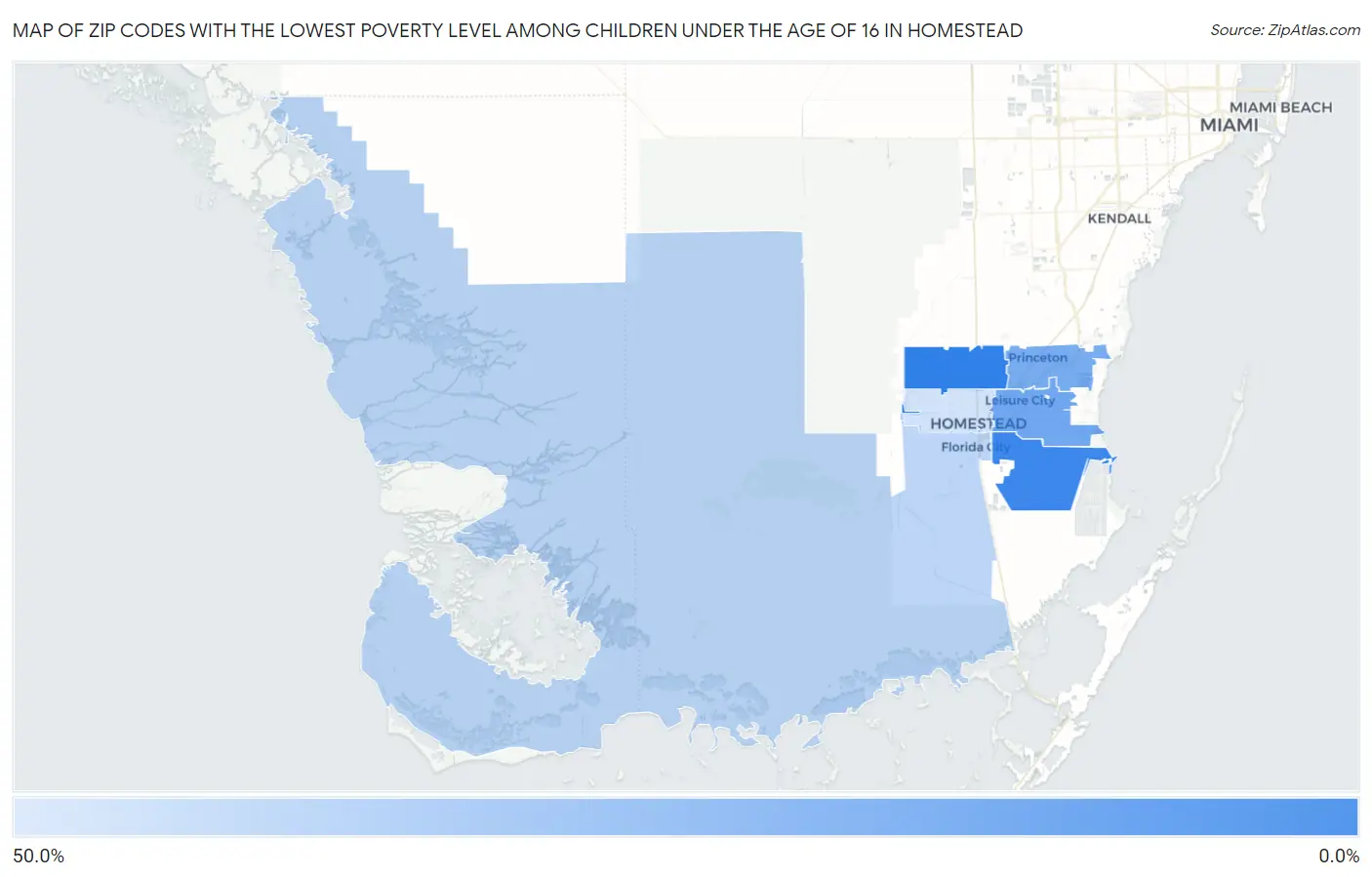Zip Codes with the Lowest Poverty Level Among Children Under the Age of 16 in Homestead Map
