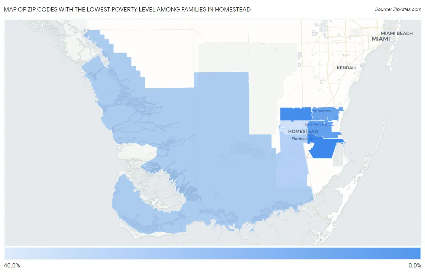 Zip Codes with the Lowest Poverty Level Among Families in Homestead Map
