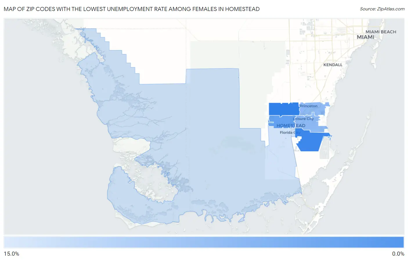 Zip Codes with the Lowest Unemployment Rate Among Females in Homestead Map