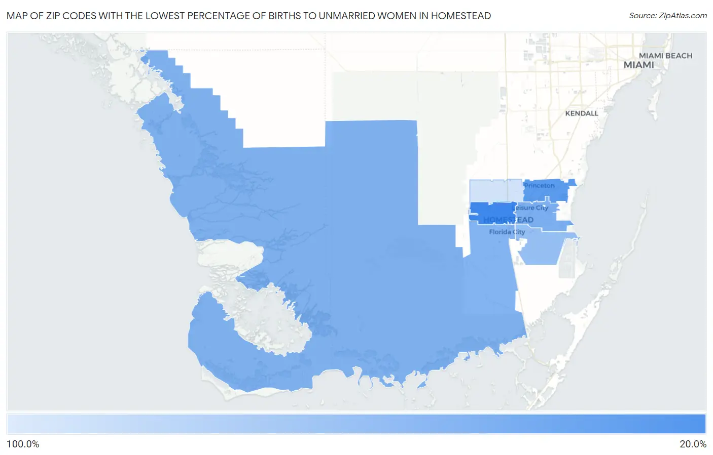 Zip Codes with the Lowest Percentage of Births to Unmarried Women in Homestead Map