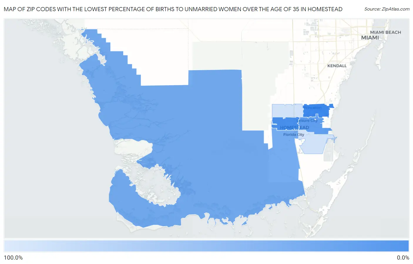 Zip Codes with the Lowest Percentage of Births to Unmarried Women over the Age of 35 in Homestead Map